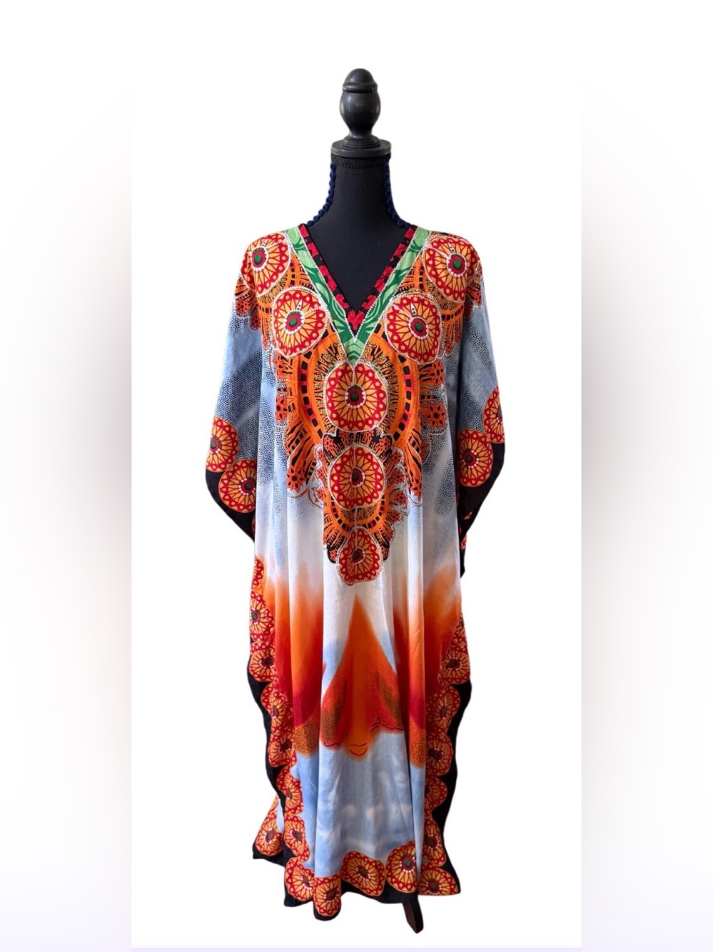 Santé Classics Bohemian V-Neck Kimono in Orange, Black and Blue